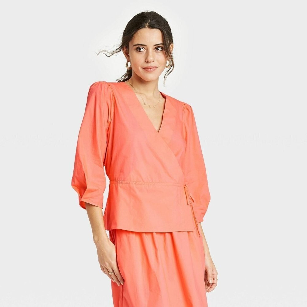 A New Day Womens Blouse Coral Peach Long Sleeve V-Neck Wrap Top L NEW